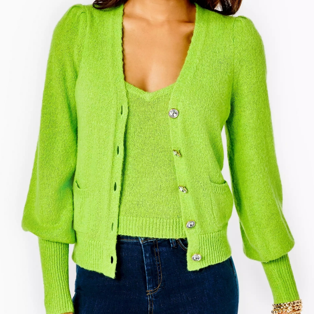 Gorgeous New Lilly Pulitzer Green Puff Shoulder Cardigan Sweater Set / Large